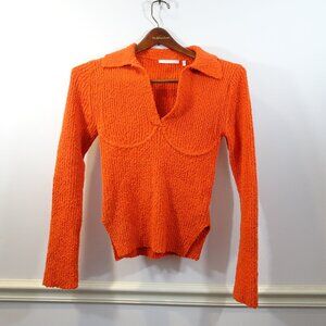 Helmut Lang Orange Sweater V-Neck Collared Bodycon Nubby Size S Textured Sexy